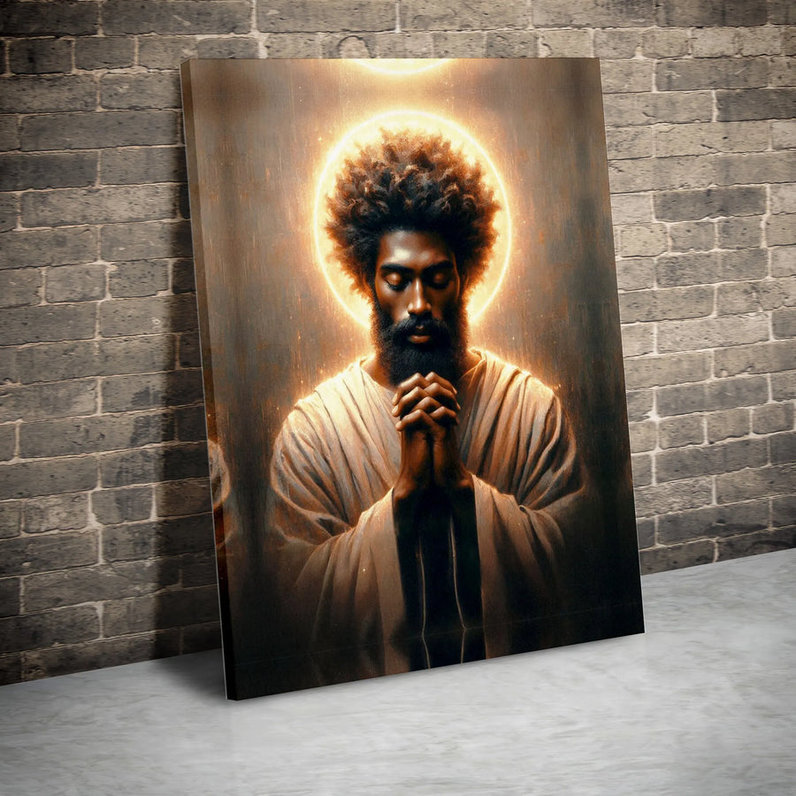 Black Jesus Wall Art | Praying African American Savior With Glowing Halo | Premium Gallery-Wrapped Canvas | Spiritual Home Decor Gift