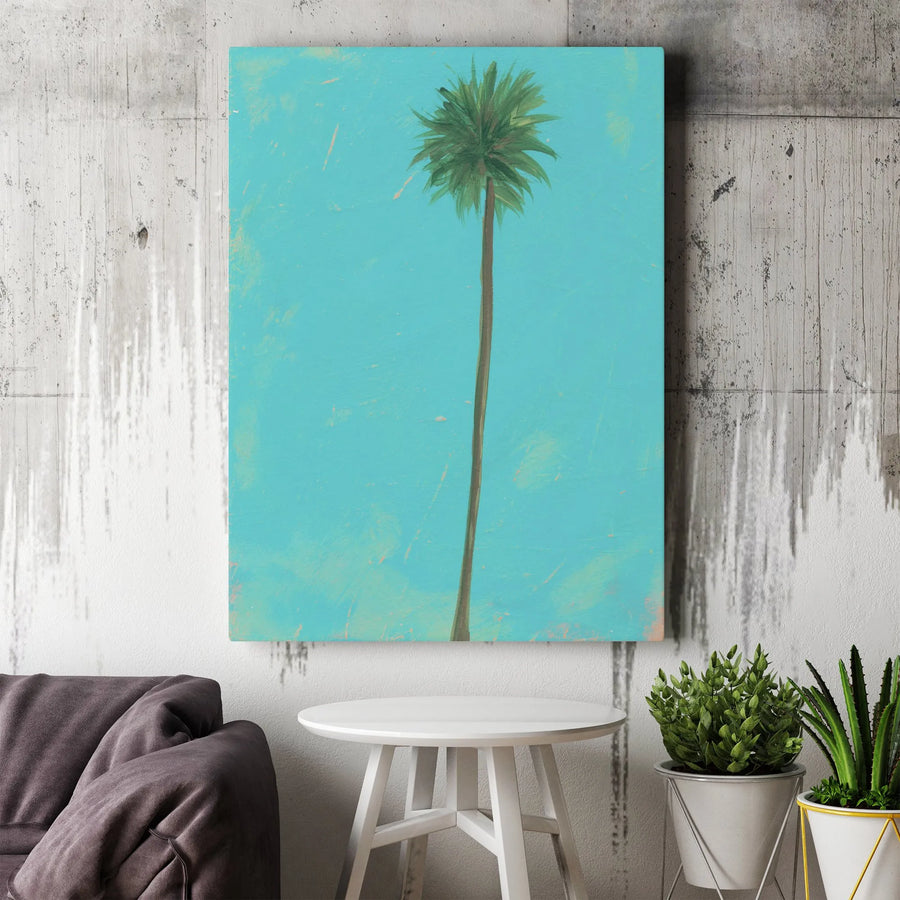 Minimalist Palm Tree Vertical Canvas | Vintage Tropical Painting | Thick Gallery Wrapped Canvas | Premium Coastal Home Decor