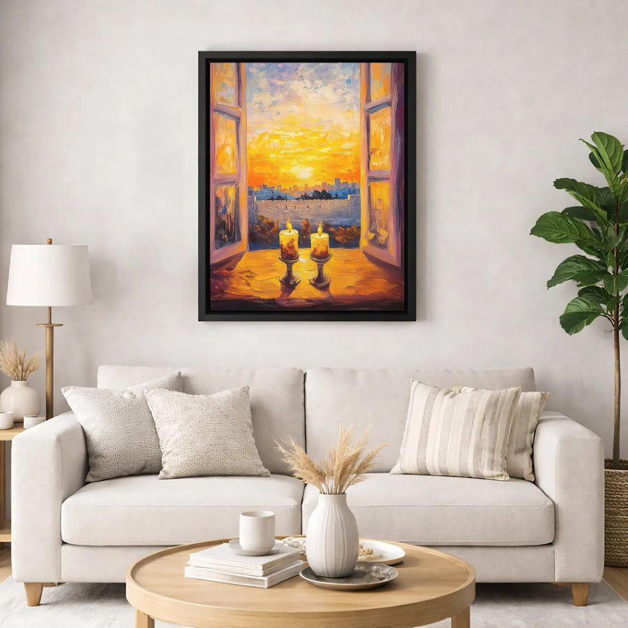 Shabbat Candles Wall Art | Jerusalem Western Wall Sunset View | Premium Gallery Wrap Canvas | Jewish Home Decor and Religious Gift