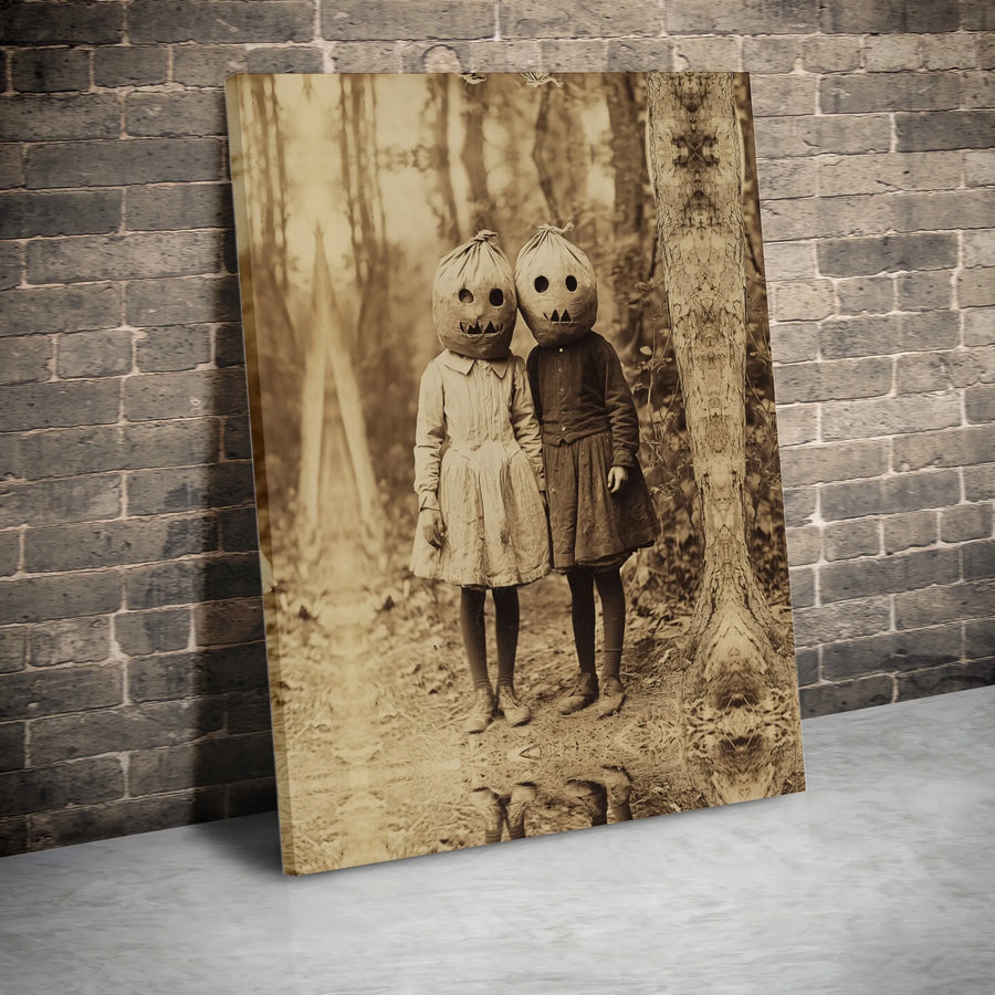 Creepy Vintage Halloween Canvas Print | Spooky Pumpkin Head Kids Art | Premium Gallery Canvas | Gothic Home Decor Gift for Horror Fans