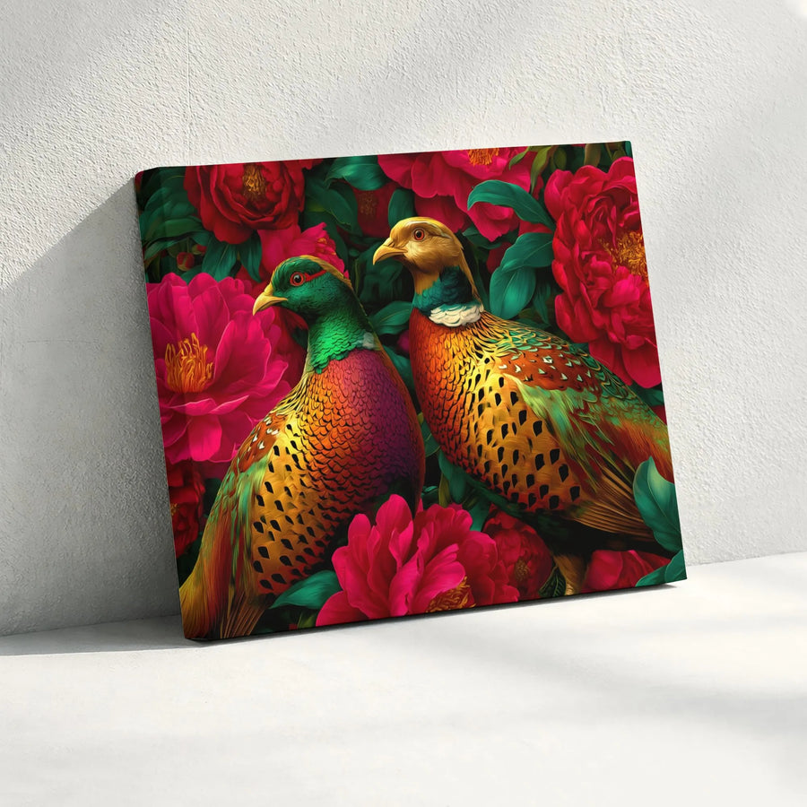 Pheasant Bird Wall Art | Vibrant Floral Peony Canvas Print | Premium Gallery Wrapped 1.25" Profile | Nature Lover Home Decor Gift