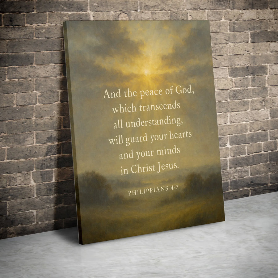 Philippians 4:7 Bible Verse Canvas | Religious Wall Art with Sunlit Landscape | Premium Fade-Resistant Print | Spiritual Home Decor Gift