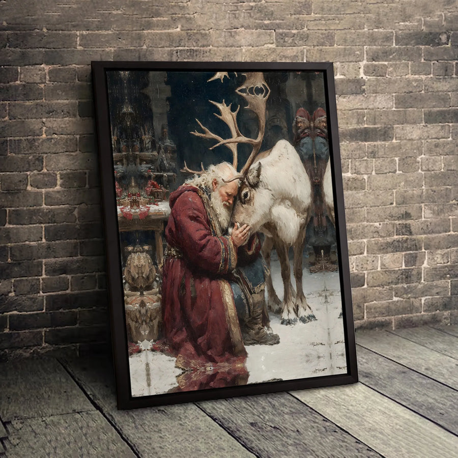 Santa Claus and Reindeer Canvas | Vintage Christmas Oil Painting Wall Art | Premium 1.25 Inch Gallery Wrap | Festive Holiday Home Decor Gift