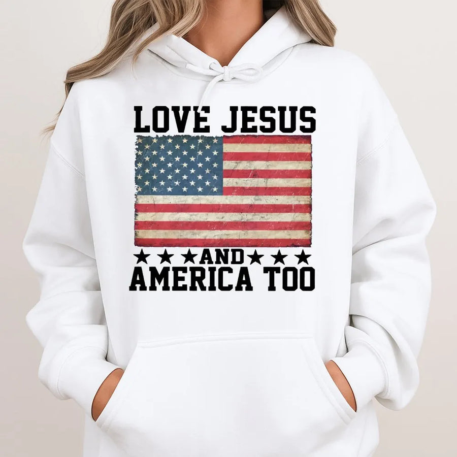 Love Jesus And America Too Hoodie | Distressed Flag Graphic Design | Premium Cotton-Blend | Patriotic Christian Gift For Men And Women