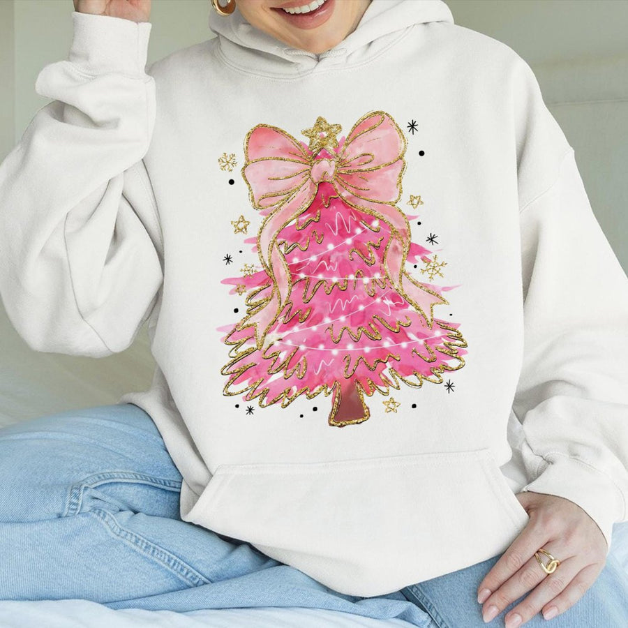 Pink Christmas Tree Hoodie | Coquette Aesthetic Bow Design | Soft Premium Cotton Blend | Trendy Holiday Gift for Women
