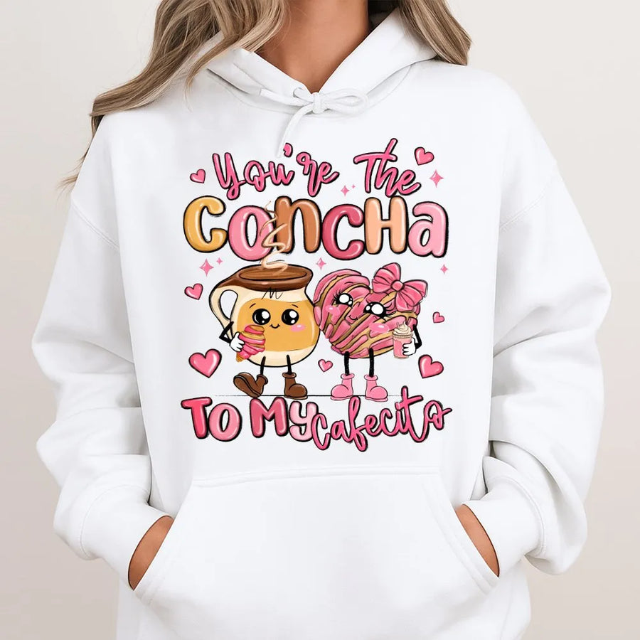 Concha To My Cafecito Hoodie | Cute Mexican Food Kawaii Graphic | Cotton Blend Unisex Pullover | Funny Couple Gift for Valentines or Anniversary