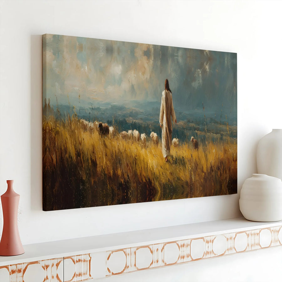 Jesus The Good Shepherd Canvas Art | Impressionist Biblical Landscape Print | Gallery Wrapped Premium Canvas | Christian Home Decor & Religious Faith Gift