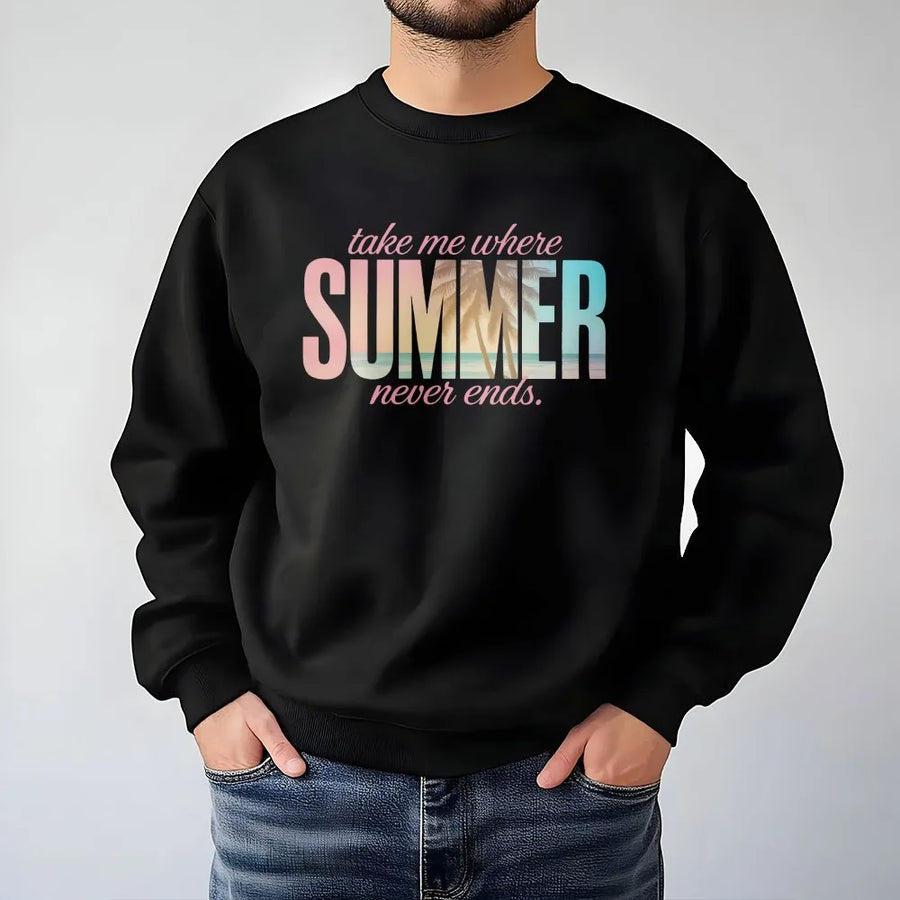 Summer Never Ends Sweatshirt | Coastal Aesthetic Palm Tree Graphic | Premium Cotton Blend | Gift for Beach Lover