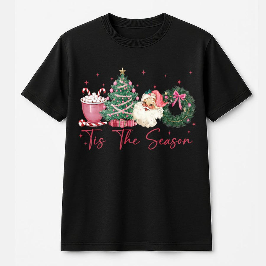 Tis The Season Christmas T-Shirt | Retro Santa Coquette Bow Graphic | Premium 100% Cotton Tee | Holiday Gift for Women and Teen Girls
