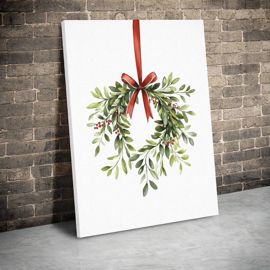 Watercolor Mistletoe Wall Art | Christmas Wreath With Red Ribbon | Premium Gallery Wrap Canvas | Holiday Home Decor Gift