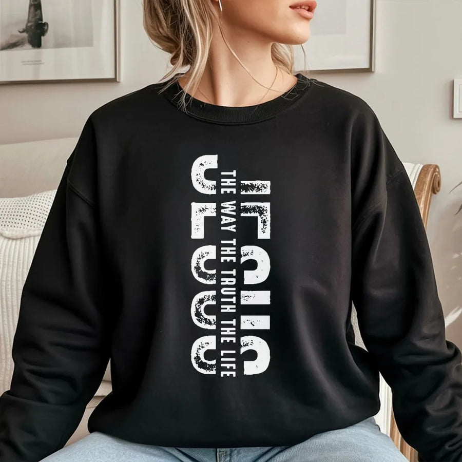 The Way The Truth The Life Sweatshirt | Minimalist Vertical Bible Verse Graphic | Premium Cotton Blend | Christian Faith Gift for Men and Women