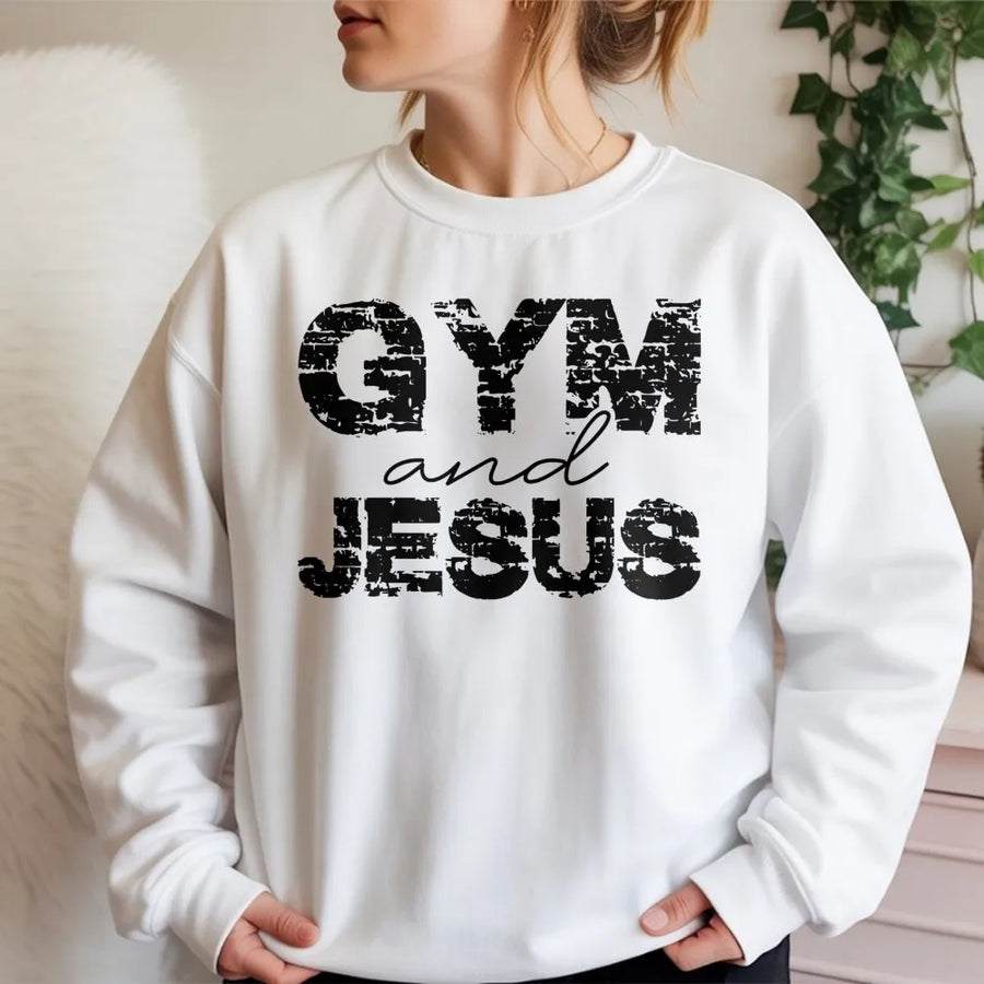 Gym and Jesus Sweatshirt | Faith and Fitness Graphic Crewneck | Premium Cotton-Blend | Christian Workout Gift for Men and Women