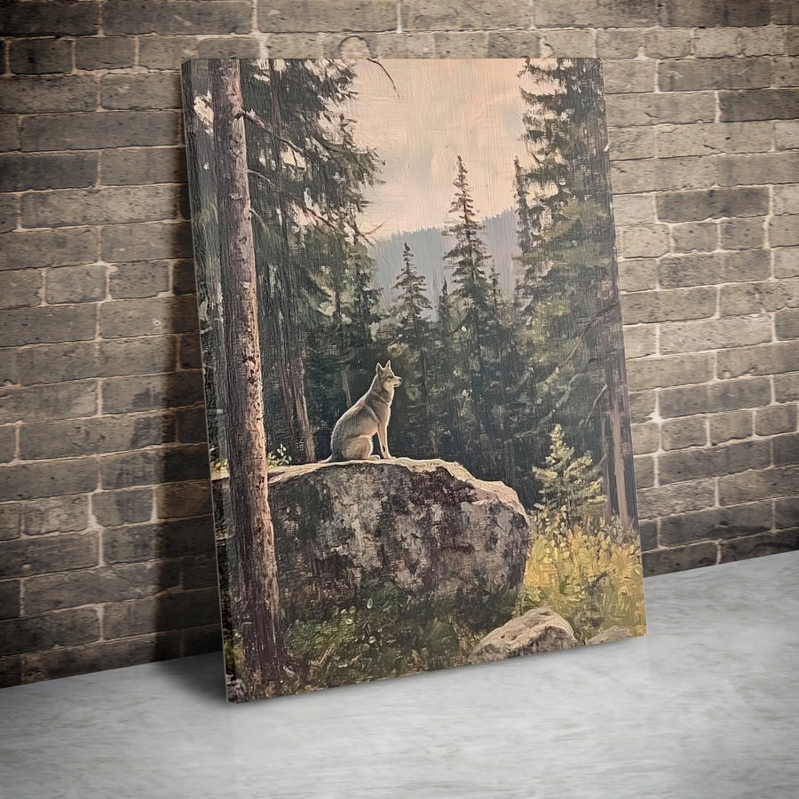 Wolf Wall Art Canvas | Lone Wolf Sitting On Rock Pine Forest Painting | Premium Gallery Wrap Print | Nature Home Decor & Wildlife Lover Gift