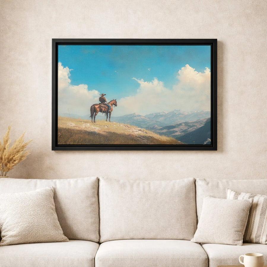 Western Cowboy Canvas Wall Art | Mountain Landscape Oil Painting Style | Premium 1.25-Inch Gallery Wrap | Rustic Home & Office Decor Gift