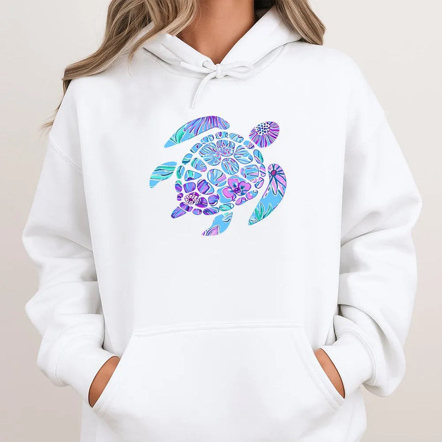 Floral Sea Turtle Hoodie | Colorful Marine Life Graphic Sweatshirt | Soft Cotton-Blend Pullover | Coastal Beach Gift for Ocean Lovers