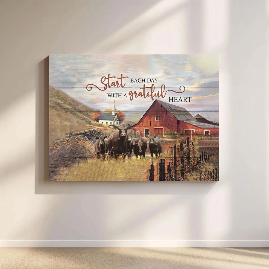 Farmhouse Cow Canvas Wall Art | Start Each Day With A Grateful Heart | 1.25 Inch Gallery Wrap | Rustic Country Home Decor Gift