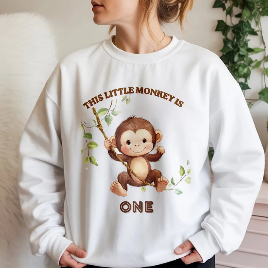 Monkey 1st Birthday Sweatshirt | This Little Monkey Is One Graphic | Soft Cotton Blend Pullover | Mom's First Birthday Party Gift