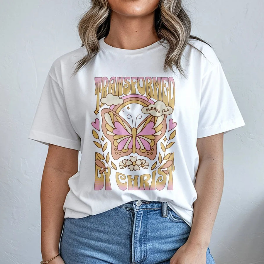 Transformed By Christ T-Shirt | Retro Butterfly Bible Verse Graphic | Premium Cotton Faith Tee | Christian Gift for Women and Men