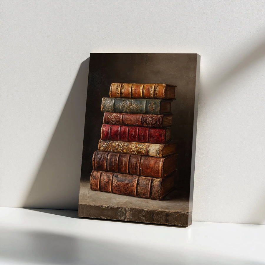 Vintage Books Canvas Print | Stacked Antique Leather Books Art | Premium Gallery Wrap Canvas | Dark Academia Decor Gift for Book Lover