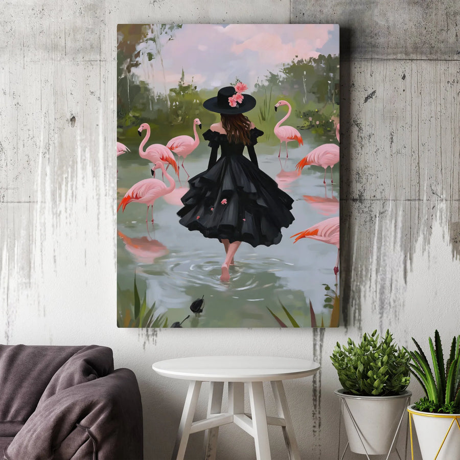 Flamingo Art Print Canvas | Woman in Black Dress Fashion Wall Decor | Gallery Quality 1.25 inch Thick | Whimsical Nature Home Interior Gift