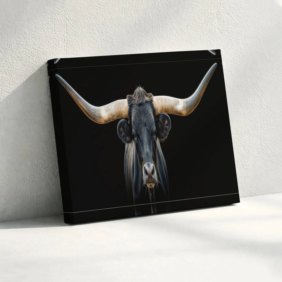 Texas Longhorn Bull Wall Art | Dramatic Minimalist Animal Portrait | Premium Gallery-Wrapped Canvas | Western Farmhouse Home Decor Gift