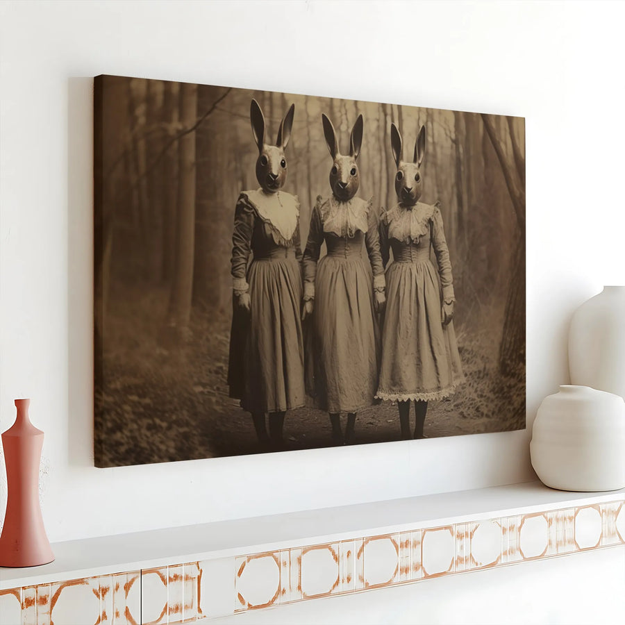 Surreal Rabbit Head Wall Art | Vintage Victorian Three Sisters Portrait | Premium Gallery Wrap Canvas | Gothic Home Decor Gift