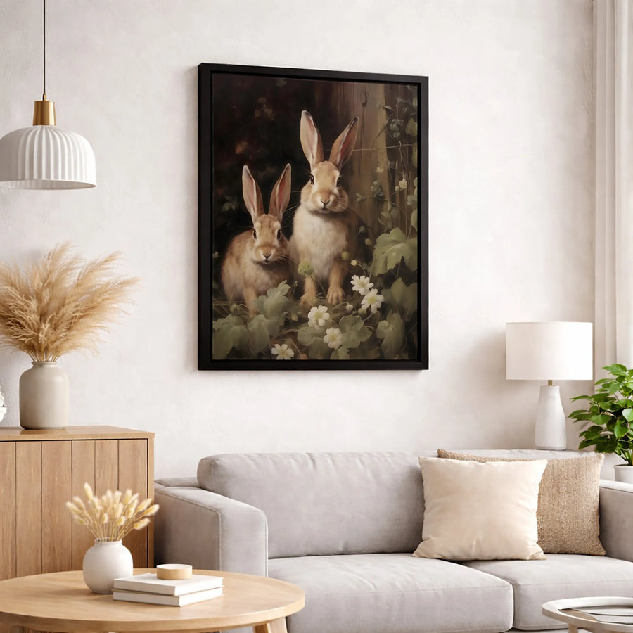 Rabbit Canvas Wall Art | Whimsical Woodland Bunny Pair Painting | Premium Fade-Resistant Gallery Wrap | Charming Farmhouse Home Decor