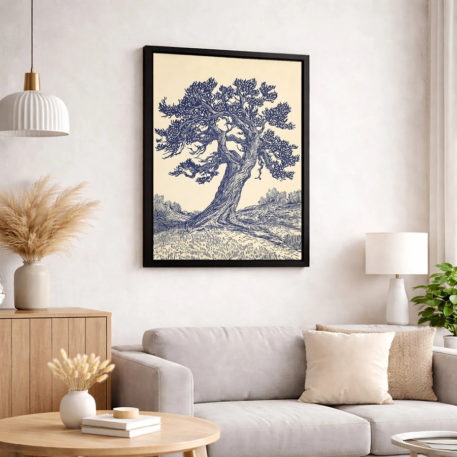 Gnarled Tree Canvas Wall Art | Rustic Woodcut Ink Drawing Print | 1.25-Inch Thick Premium Gallery Wrap | Nature-Inspired Home Decor Gift