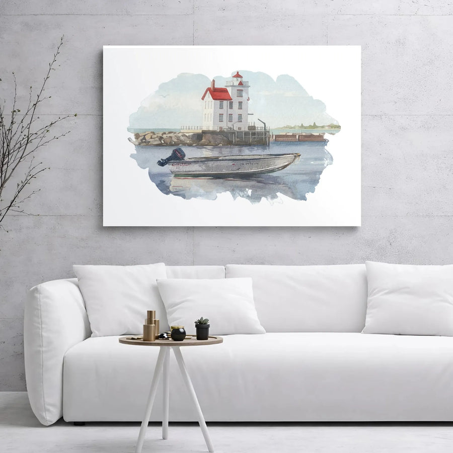 Lighthouse and Fishing Boat Canvas Print | Coastal Watercolor Seascape | Gallery Wrapped Premium Wall Art | Nautical Home Decor Gift