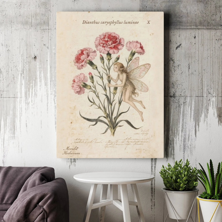 Vintage Botanical Fairy Print | Moonlit Carnation Herbarium Illustration | Premium Gallery Wrapped Canvas | Whimsical Cottagecore Home Decor Wall Art