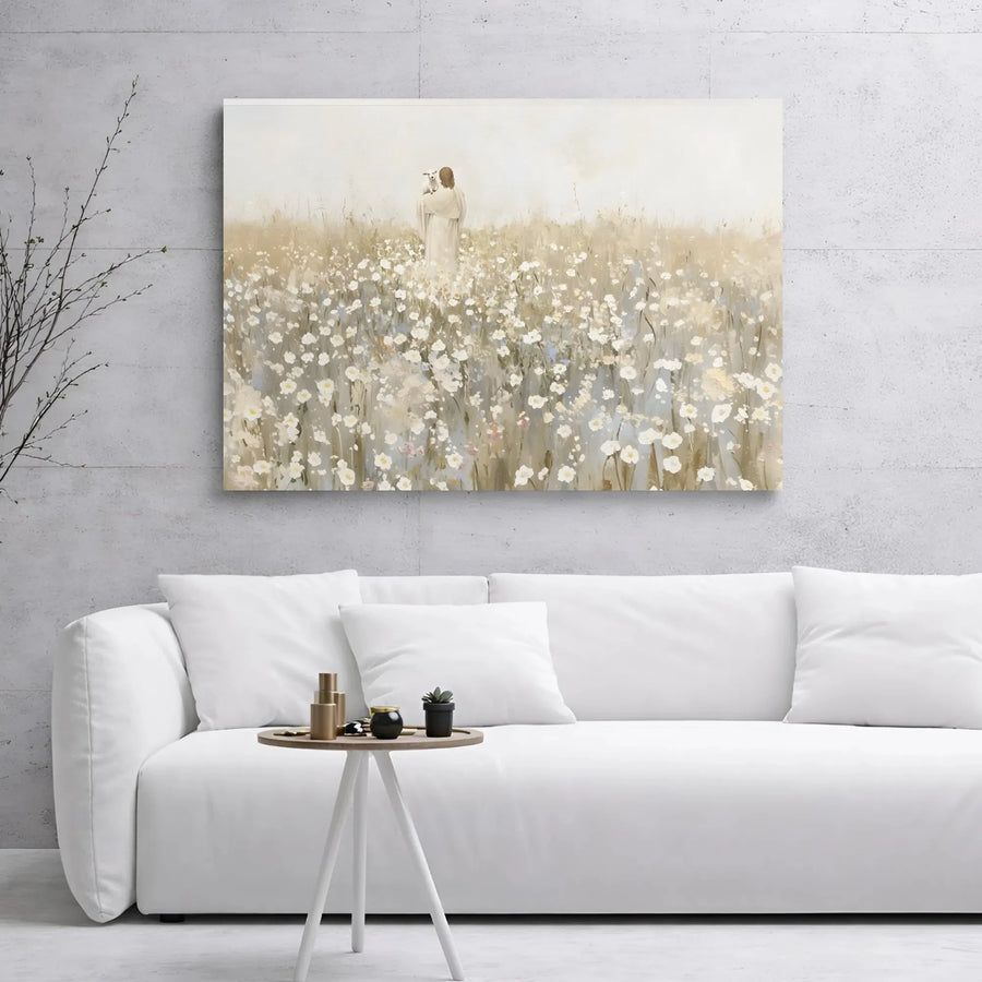 Jesus Carrying Lamb Canvas Print | Minimalist Floral Meadow Wall Art | Premium Gallery-Wrapped 1.25" Depth | Religious Home Decor Gift for Believers