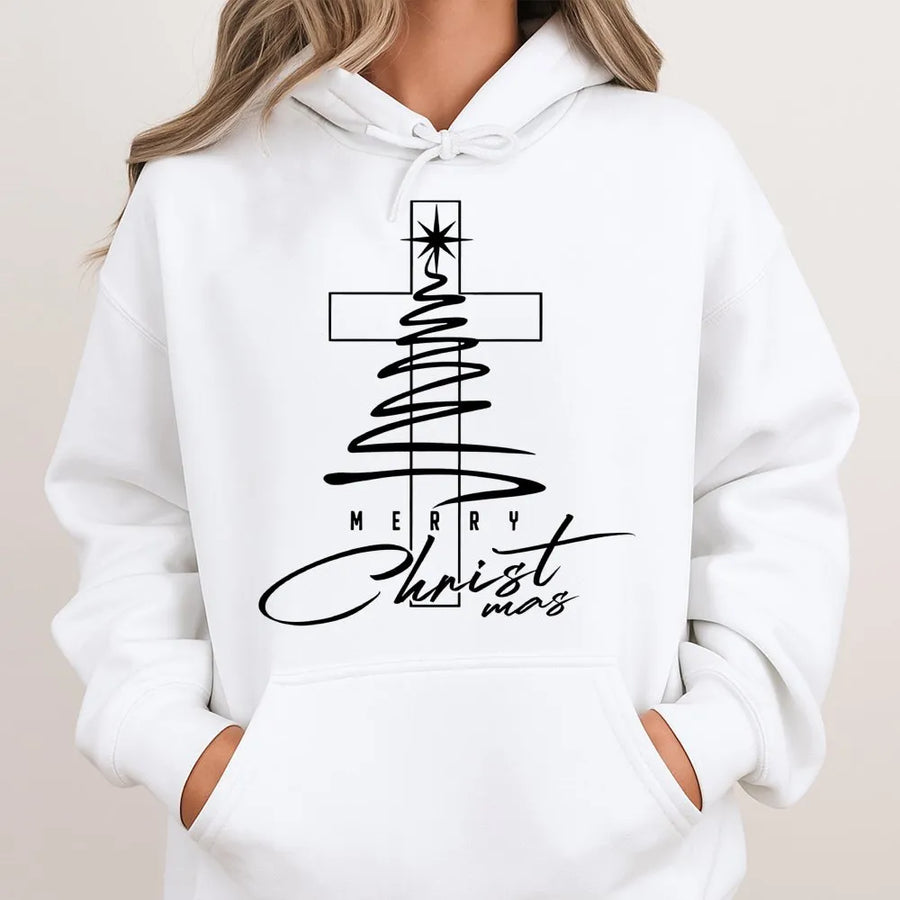 Merry Christmas Cross Hoodie | Christian Tree Religious Graphic Design | Premium Soft Unisex Pullover | Faithful Holiday Gift for Women and Men