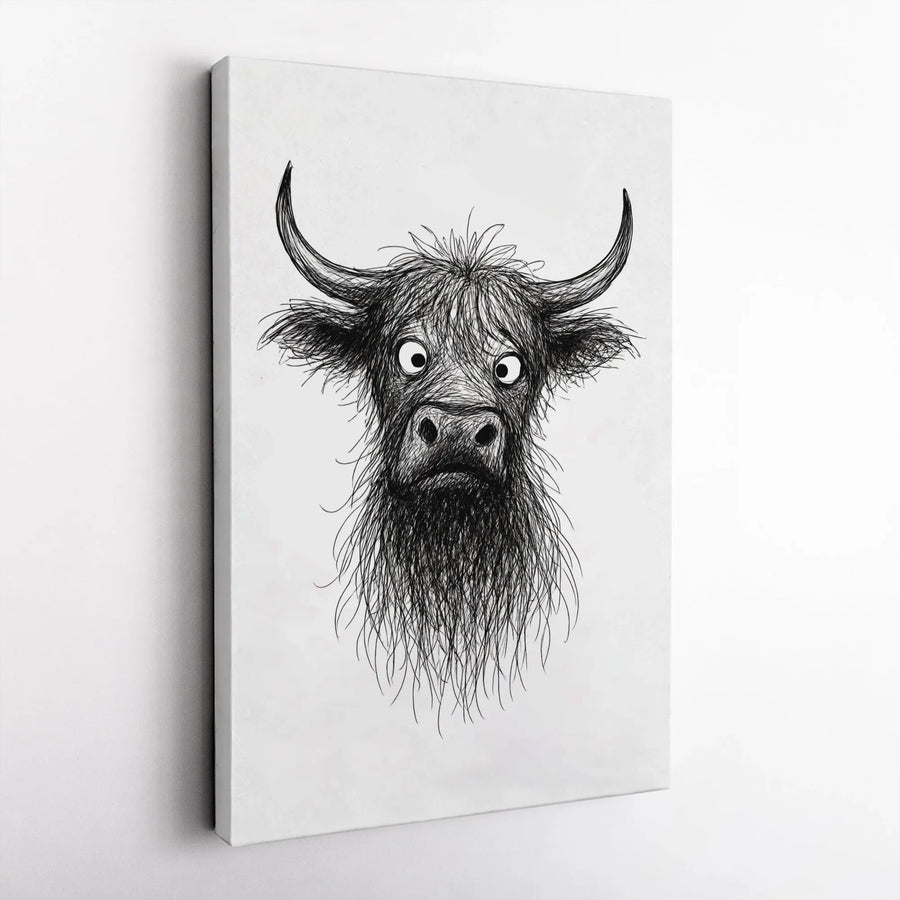 Highland Cow Canvas Wall Art | Funny Black and White Sketch Drawing | Premium Gallery Wrapped Print | Modern Farmhouse Decor Gift