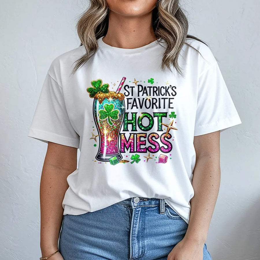 St. Patrick's Favorite Hot Mess T-Shirt | Funny Irish Drink Graphic | 100% Cotton Premium Tee | Unique St. Paddy's Day Party Gift for Women