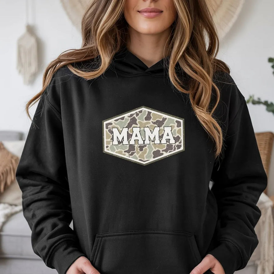 Camo Mama Hoodie | Duck Hunting Camouflage Graphic | Premium Cotton Blend | Gift for Outdoorsy Mom, Hunter Wife