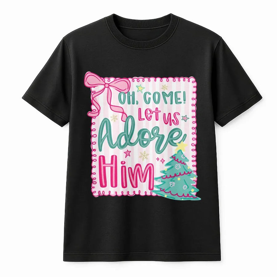 Oh Come Let Us Adore Him T-Shirt | Pink Coquette Aesthetic Christmas Tree Design | Premium Soft Cotton | Christian Faith Holiday Gift For Her