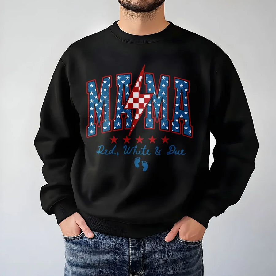 Mama Red White And Due Sweatshirt | 4th of July Pregnancy Announcement Tee | Comfort Colors Shirt | Patriotic Gift for Expecting Mom
