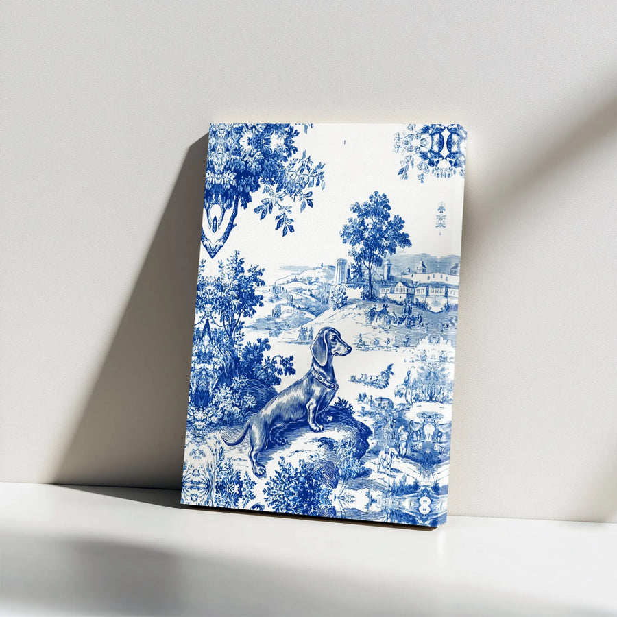 Dachshund Toile Canvas Wall Art | Vintage Blue and White Pastoral Scene | Premium Gallery Wrapped Print | Unique Home Decor Gift for Dog Lover