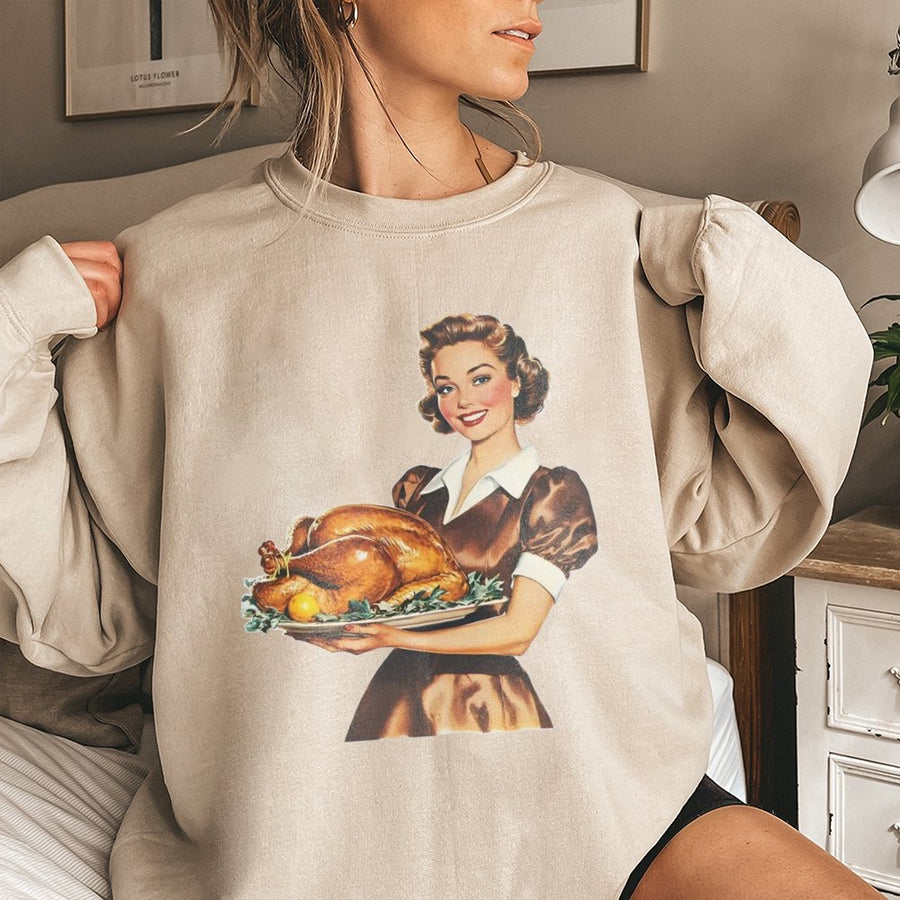 Vintage Thanksgiving Sweatshirt | 1950s Retro Turkey Dinner Graphic | Premium Cotton Blend | Cozy Holiday Gift for Women and Men