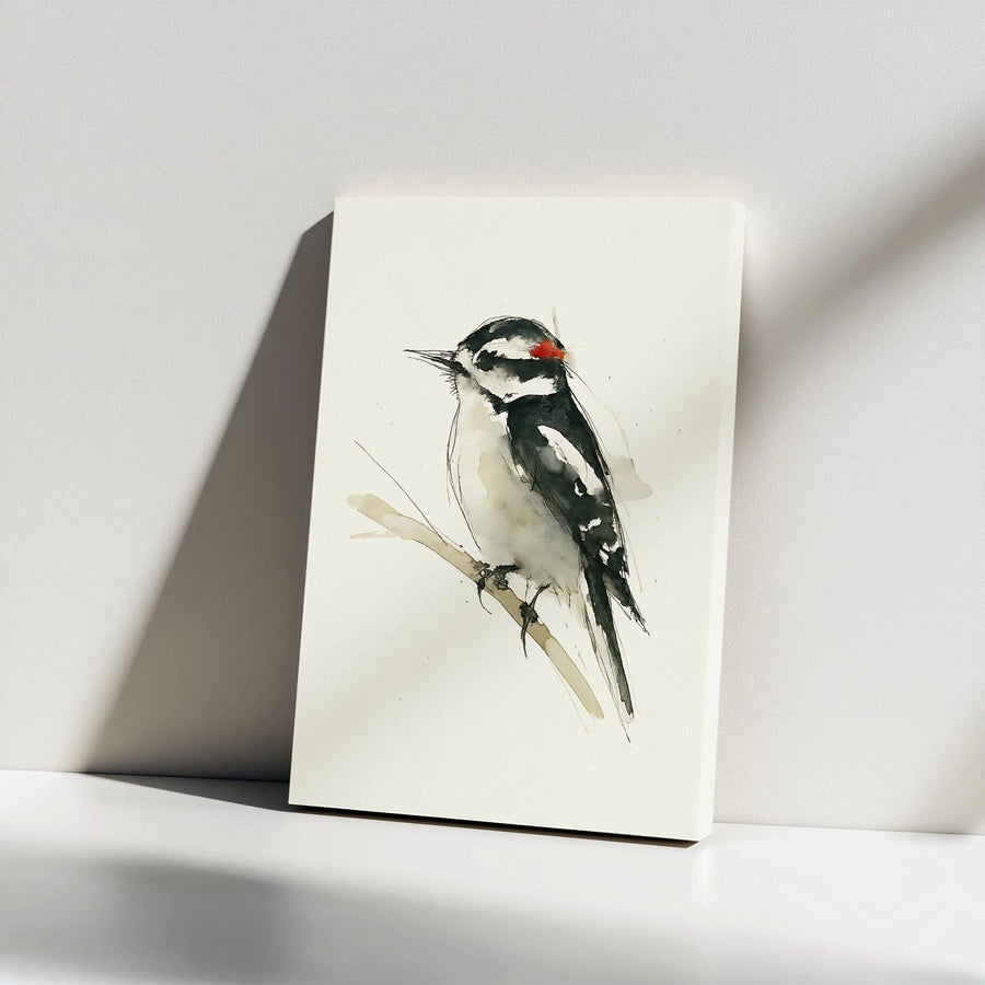 Downy Woodpecker Wall Art | Watercolor Ink Bird Illustration | Premium Gallery Wrap Canvas | Nature Lover Home Decor Gift