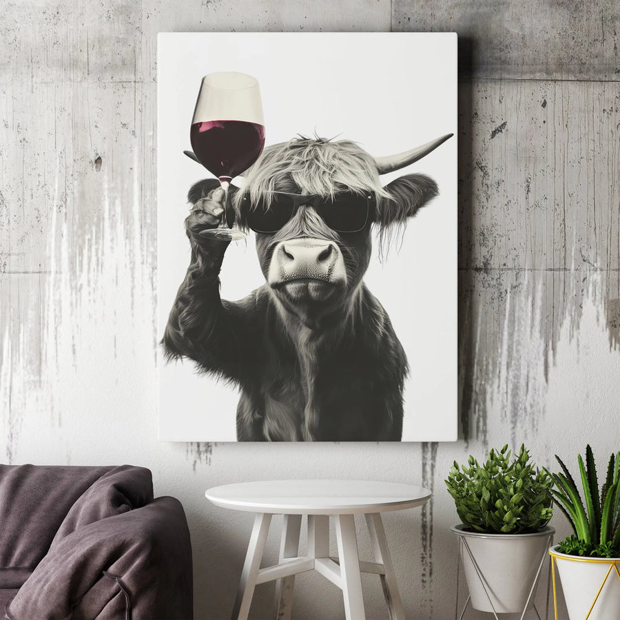 Highland Cow Wall Art | Funny Animal Drinking Wine with Sunglasses | Premium Canvas Print | Farmhouse Decor for Kitchen or Home Bar