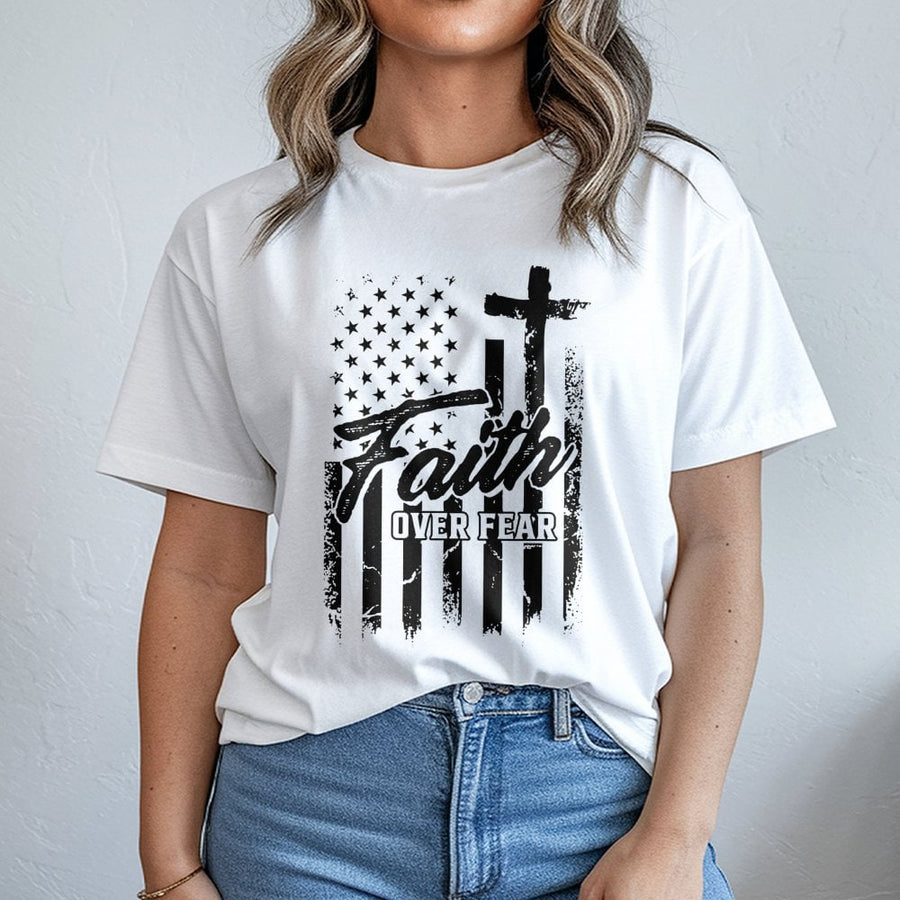 Faith Over Fear T-Shirt | Distressed American Flag Cross Graphic | Premium Cotton Unisex Tee | Patriotic Christian Gift for Men and Women