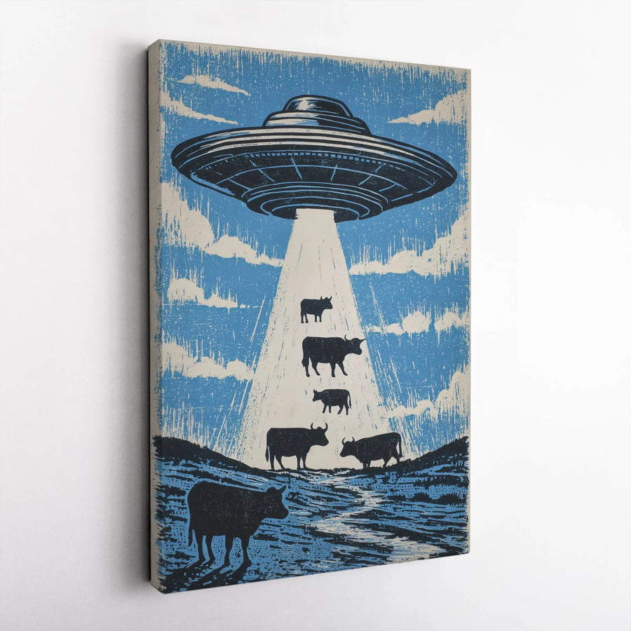 UFO Cow Abduction Canvas Wall Art | Distressed Retro Sci-Fi Print | Premium 1.25" Thick Gallery Wrap | Unique Collector's Gift for Alien Fans