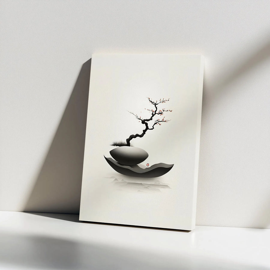 Japanese Bonsai Wall Art | Minimalist Sumi-e Cherry Blossom Canvas | Premium Gallery Wrap Decor | Zen Home Office Aesthetic Gift