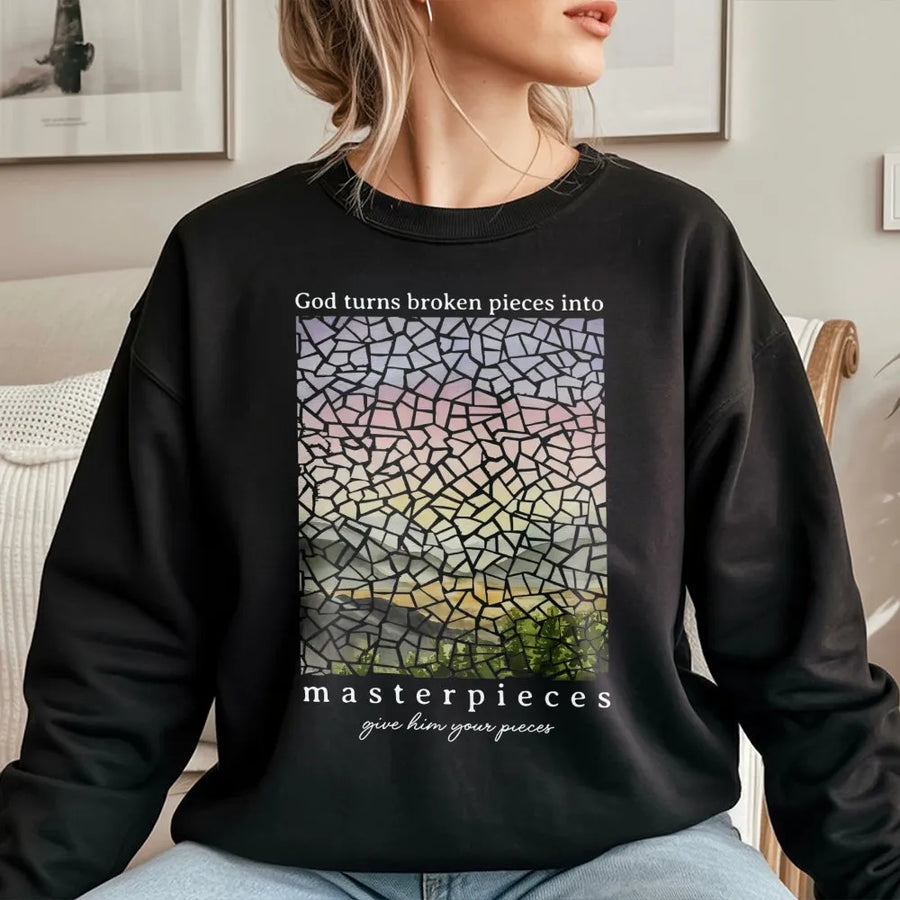 God Turns Broken Pieces Into Masterpieces Sweatshirt | Inspirational Stained Glass Landscape Art | Premium Cotton Blend | Faith-Based Religious Gift