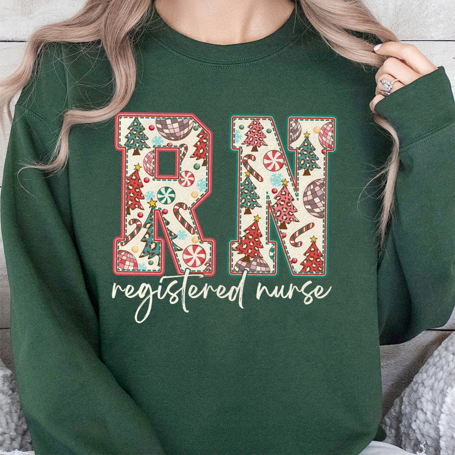 RN Registered Nurse Sweatshirt | Festive Holiday Tree Pattern | Cotton-Polyester Premium Blend | Christmas Nurse Gift for Her