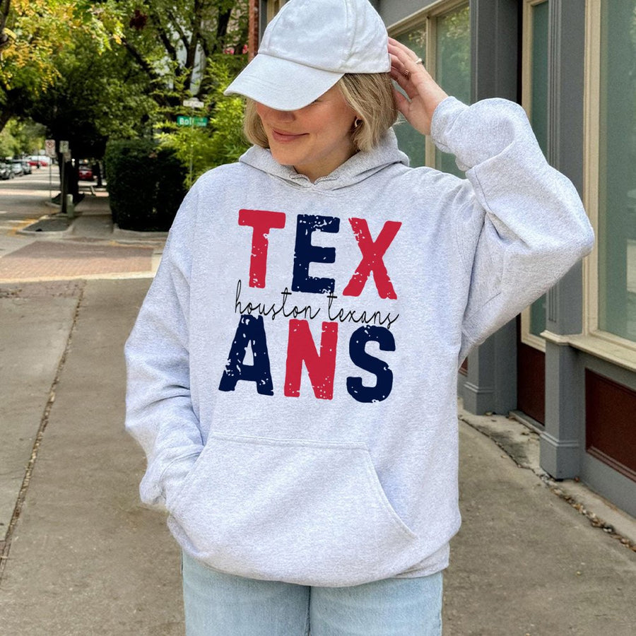 Tex Houston Texans Ans In A Red And Blue Distressed Font, Representing The Houston Texans Football Team. Hoodie