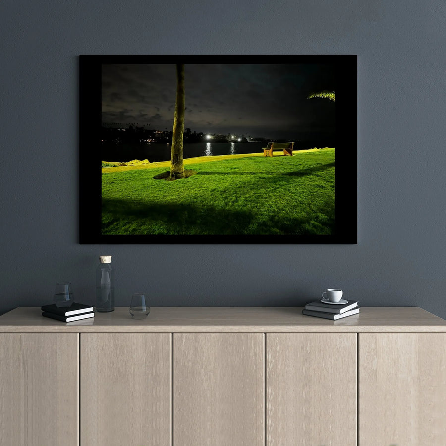 Nighttime Park Canvas Print | Glowing Palm Tree and Bench Landscape | Premium Gallery Wrap Wall Art | Peaceful Coastal Home Decor Gift