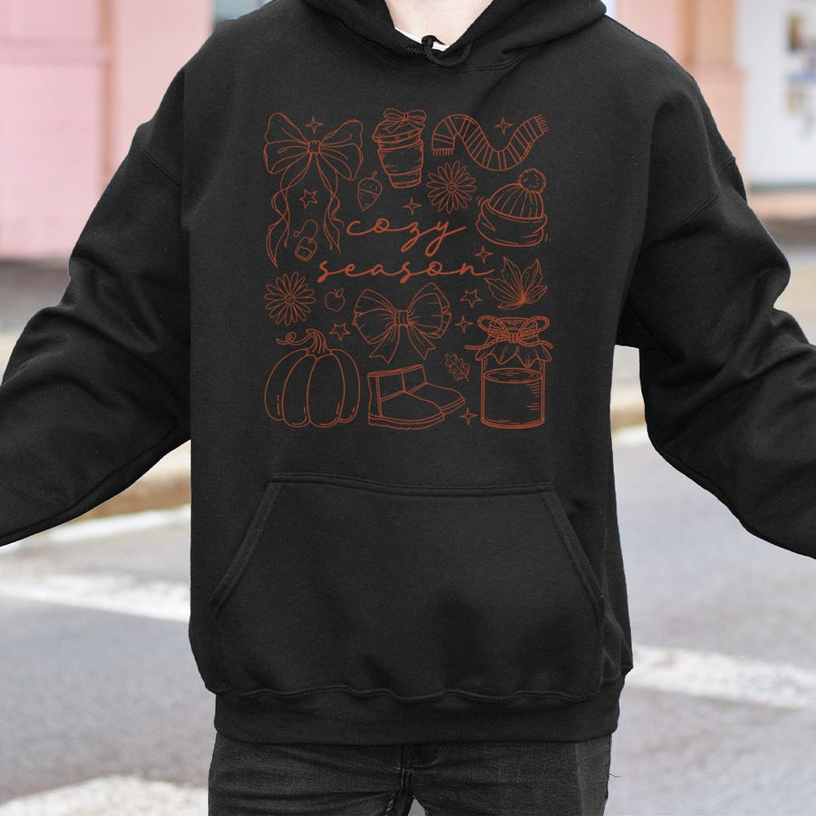 Cozy Season Hoodie | Fall Vibes Pumpkin Graphic Print | Cotton Blend Premium Pullover | Autumn Aesthetic Gift for Her