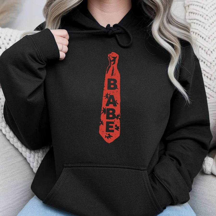 Babe Tie Graphic Hoodie | Y2K Aesthetic 90s Shirt | Soft Cotton Unisex Top | Trendy Pop Culture Gift for Her